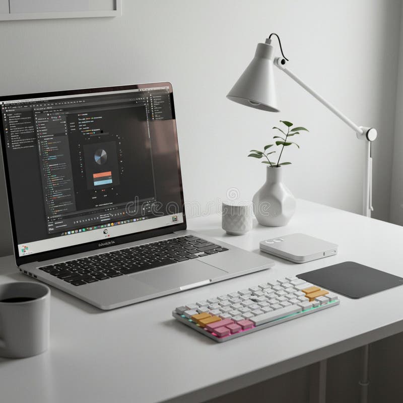 Modern workspace featuring a laptop displaying programming software. The desk vector illustration