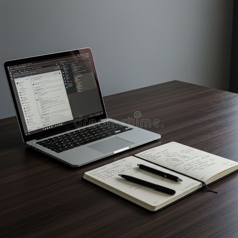 A modern workspace featuring a laptop displaying Slack and a development royalty free illustration