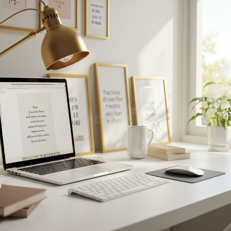 Modern workspace featuring a sleek laptop displaying text. A white keyboard and stock illustration