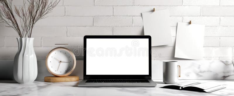 The modern workspace featuring a sleek laptop and elegant decor elements.. image stock photo.