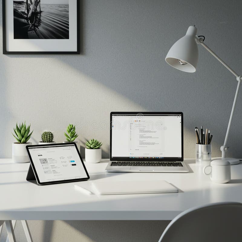 Modern workspace featuring a sleek white desk with a laptop displaying documents, a stock illustration