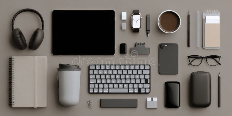 Modern workspace featuring tablet, keyboard, smartphone and various accessories on a gray background stock illustration