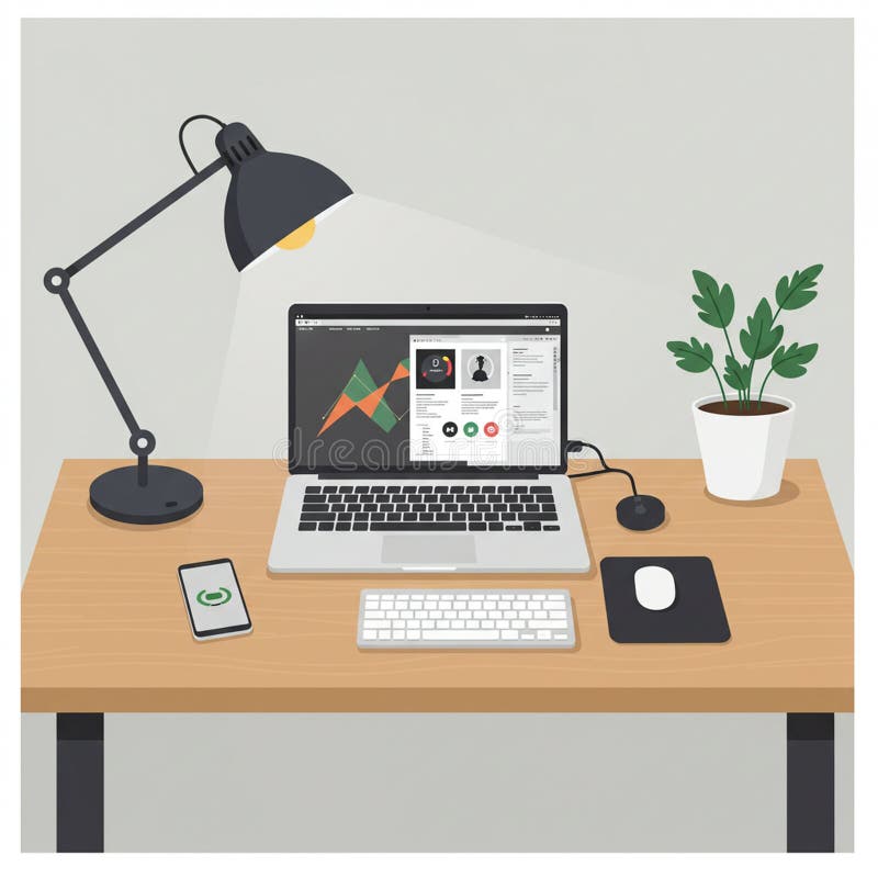 Modern workspace featuring a wooden desk with a laptop displaying data and user stock illustration