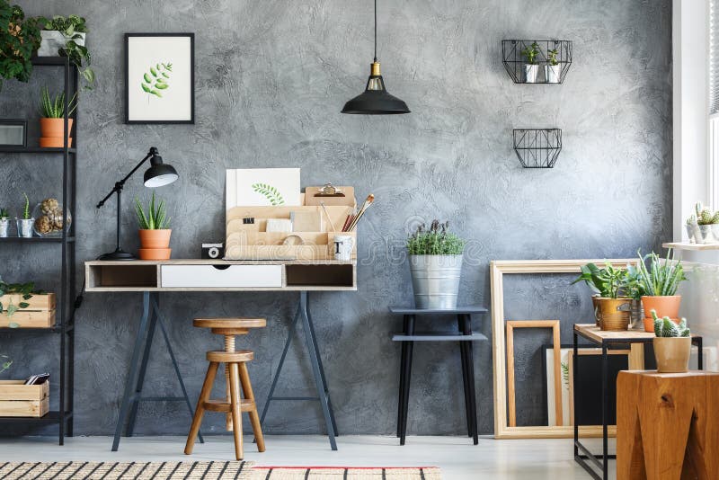 Modern workspace interior of artist stock image