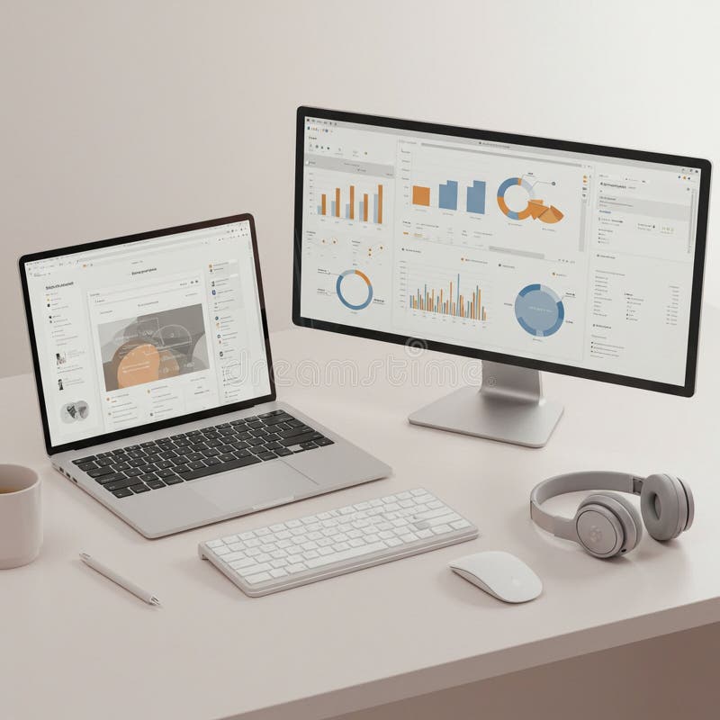 Modern workspace with a laptop and desktop monitor displaying data analytics. The laptop shows a dashboard with various charts, while the monitor displays detailed graphs and pie charts. A wireless keyboard and mouse are placed on the white desk, next to gray headphones. A white coffee mug and a pen are also present, contributing to a clean and organized setup ideal for digital work or analysis tasks.