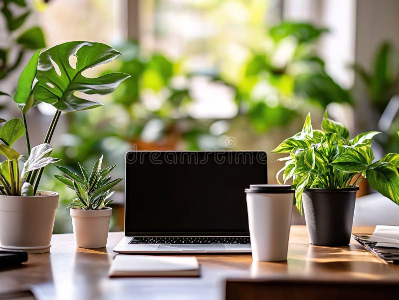 Modern workspace with a laptop stock image