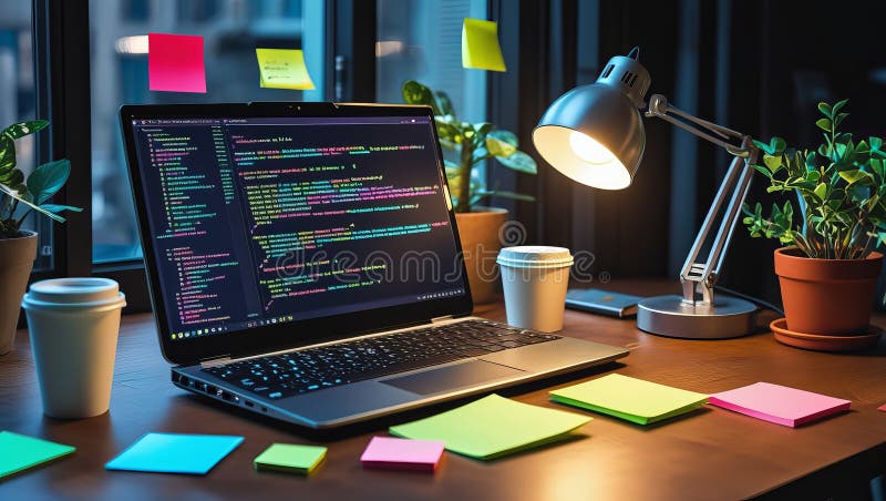 Modern Workspace with Programming Code on a Laptop Stock Illustration ...