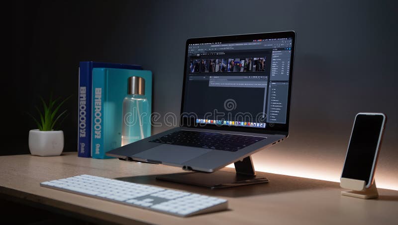 Modern workspace setup with laptop computer video editing software keyboard smartphone and office accessories on wooden desk vector illustration