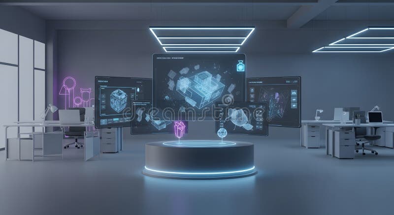 Holographic Blueprint Display: Conceptual Tech in Modern Workspace Illustration stock images