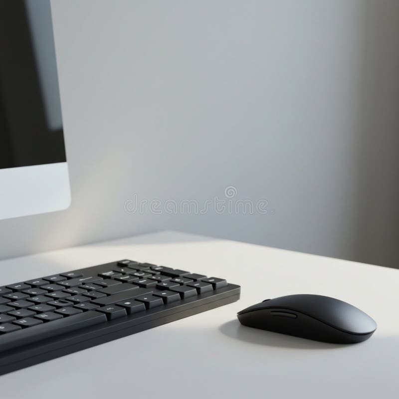 A modern workspace with a sleek black keyboard and matching wireless mouse vector illustration