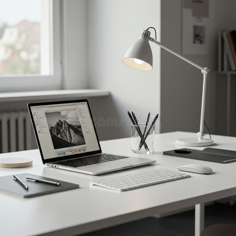 Modern workspace with a sleek, open laptop displaying a grayscale mountain image. royalty free illustration