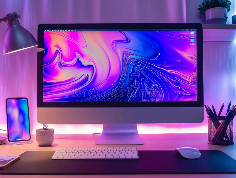 Modern Workspace with Vibrant Desktop Display stock images