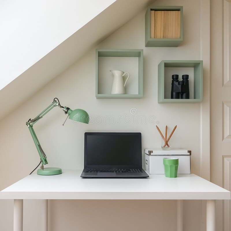Modern workspaceinre i hemtrevlig loft-/vindlägenhet royaltyfria foton Modern workspaceinre i hemtrevlig loft-/vindlägenhet royaltyfria foton