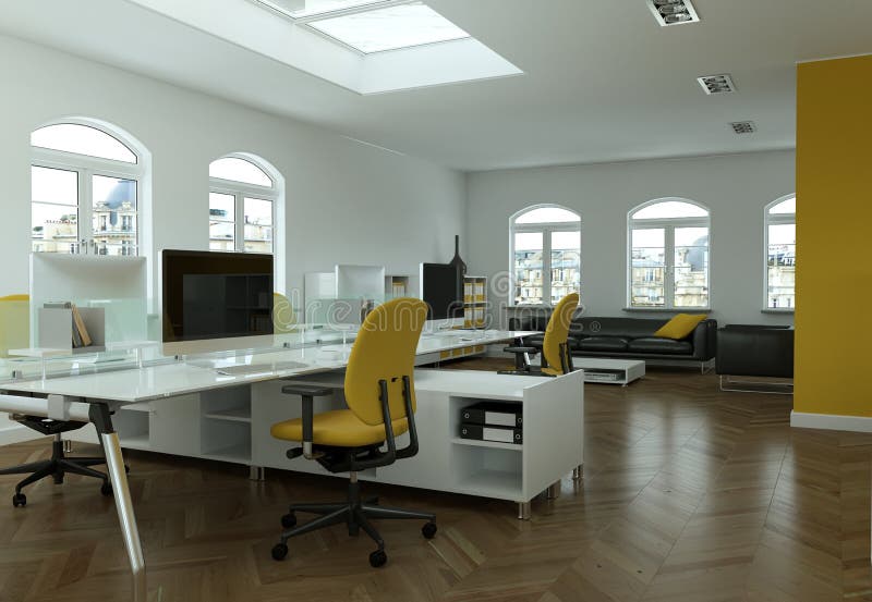 Modern Yellow Office Interior Design 3d Rendering Stock Illustration