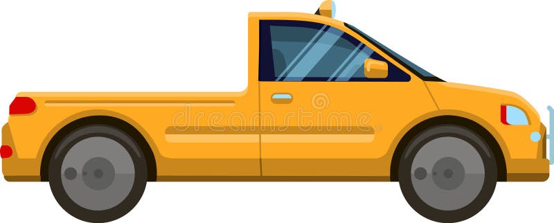 Modern yellow pickup truck showing left side view with two doors and empty trunk is parked on white background vector illustration