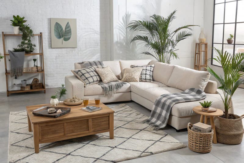 Modern öppen plats i vardagsrummet med modulär soffa royaltyfri illustrationer