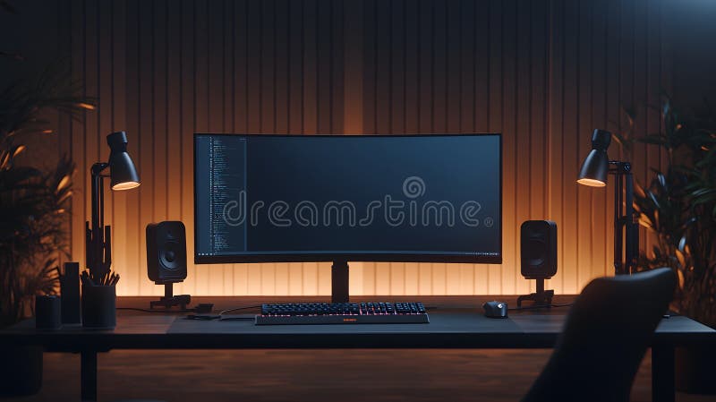 Moderna configuración de streaming de high-end con paneles LED y monitor curvo en un ambiente acogedor libre illustration