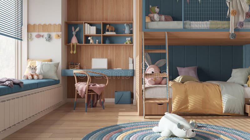 barba Inolvidable parque Moderna Habitación Para Niños Dormitorio De Madera Con Cama De Litera En  Tonos Pastel Azul Parqué Gran Ventana Con Sofá Y Moqueta Imagen de archivo  - Imagen de muchacho, simulado: 246483711