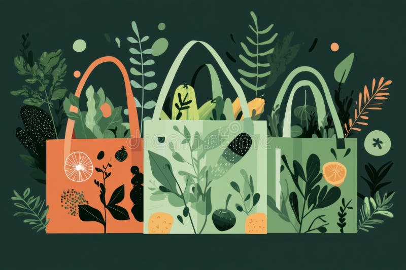 Moderna illustrazione di sacchetti di drogheria sostenibili riempiti di prodotti freschi in un vivace tema verde Generative AI immagini stock libere da diritti