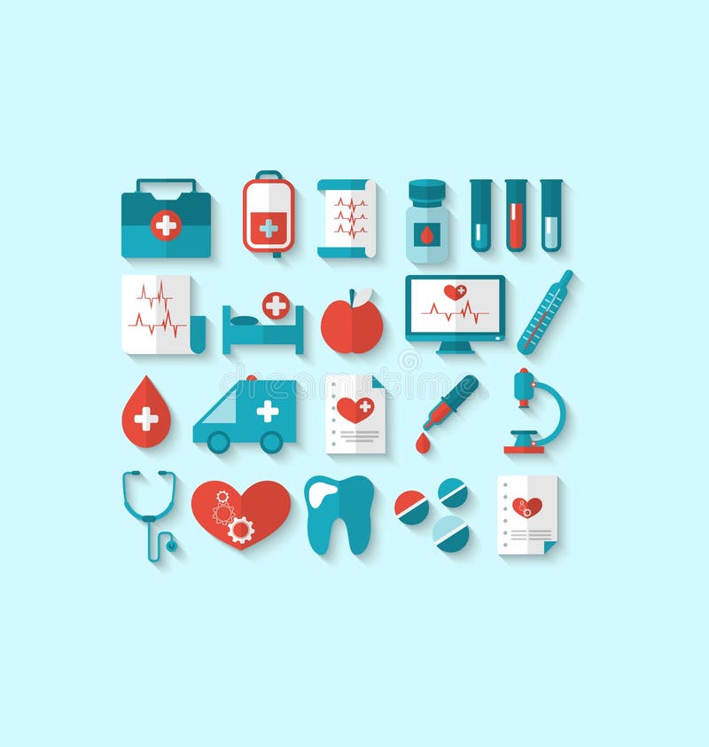 Moderna plana symboler för samling av medicinska beståndsdelar och objekt vektor illustrationer Moderna plana symboler för samling av medicinska beståndsdelar och objekt vektor illustrationer