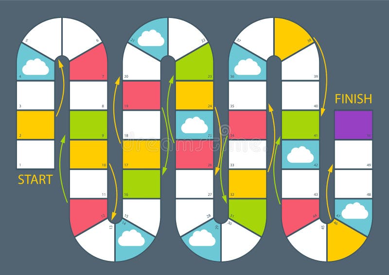 Moderna plantilla de juego de mesa mínima de color con pase de papel en la nube, pasos en un fondo oscuro ilustración del vector Moderna plantilla de juego de mesa mínima de color con pase de papel en la nube, pasos en un fondo oscuro ilustración del vector
