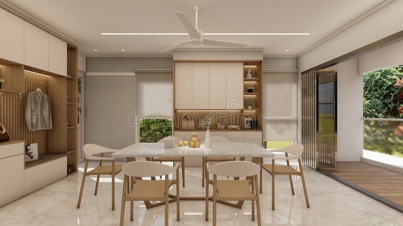 Moderna sala da pranzo mini - Dining interna con tonalità neutre e luce naturale royalty illustrazione gratis