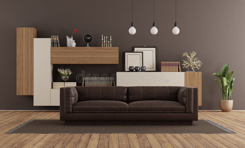 Moderna vardagsrum med brun sofa och bokväska vektor illustrationer