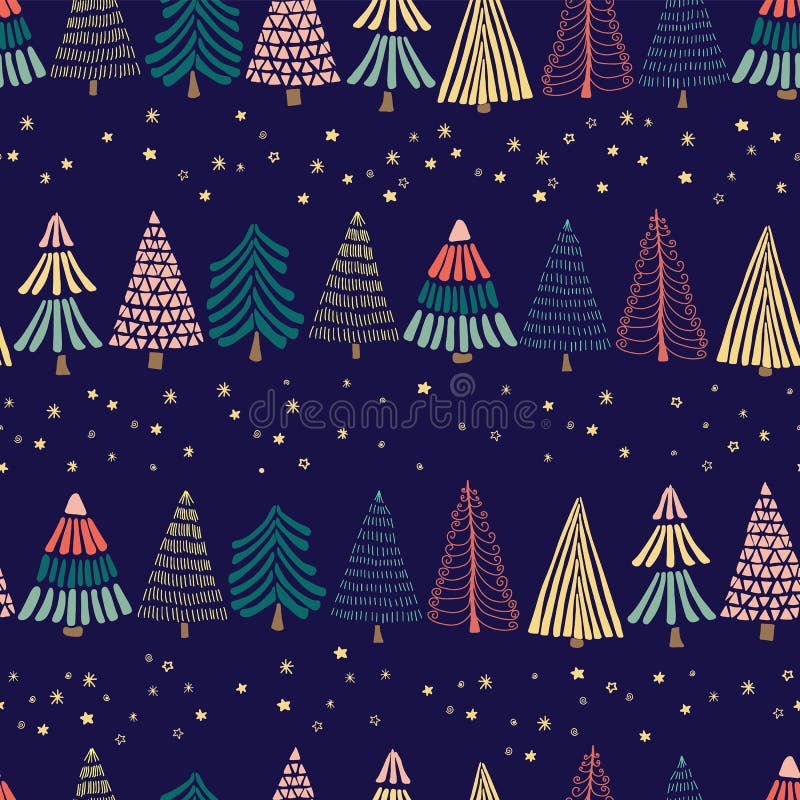 Moderne abstrakte Gekritzel Weihnachtsbäume in Folge und Sterne auf einem dunkelblauen Hintergrund Nahtloses vektormuster Groß fü stock abbildung Moderne abstrakte Gekritzel Weihnachtsbäume in Folge und Sterne auf einem dunkelblauen Hintergrund Nahtloses vektormuster Groß fü stock abbildung