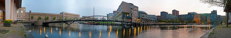 Panoramic image of modern architecture around public buildings, offices and residential apartments, just before dusk. Panoramic image of modern architecture around public buildings, offices and residential apartments, just before dusk