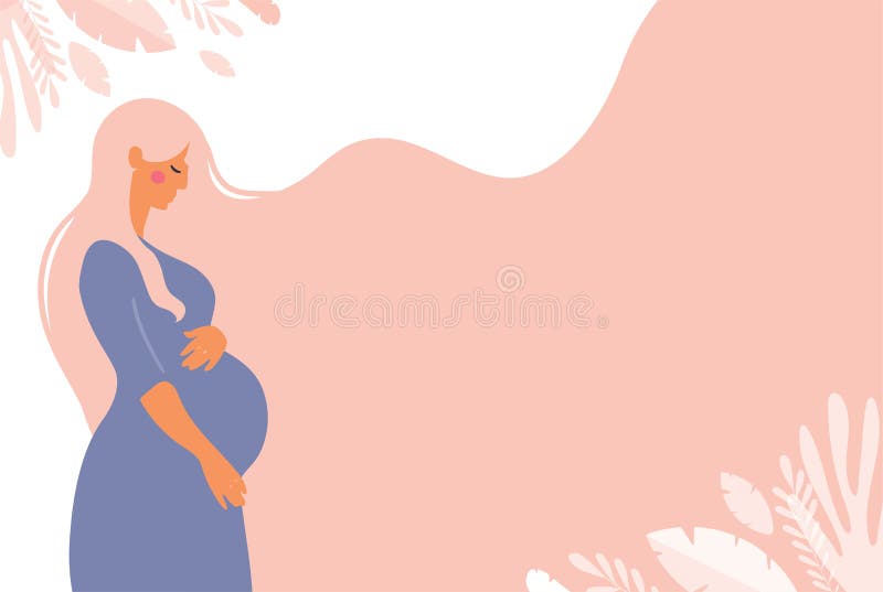 Moderne Banner über Schwangerschaft und Mutterschaft. Poster mit einer netten schwangeren Frau mit langen Haaren und Ort für Text