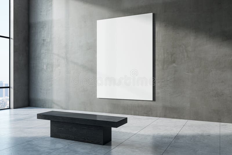 Moderne Betongalerie mit weißem Mockup-Banner auf schwarzer Holzbank und Sonnenlicht. vektor abbildung