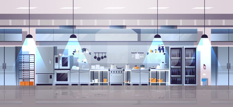 Modern interior of professional cafe or restaurant kitchen with kitchenware and equipment cooking culinary concept flat horizontal vector illustration. Modern interior of professional cafe or restaurant kitchen with kitchenware and equipment cooking culinary concept flat horizontal vector illustration