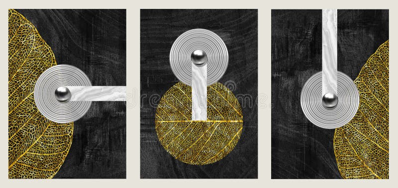Moderne 3D Canvas Art Wallpa3d Moderne Leinwand Tapete. goldene Blätter und silberne Kreise im schwarzen Hintergrund stock abbildung
