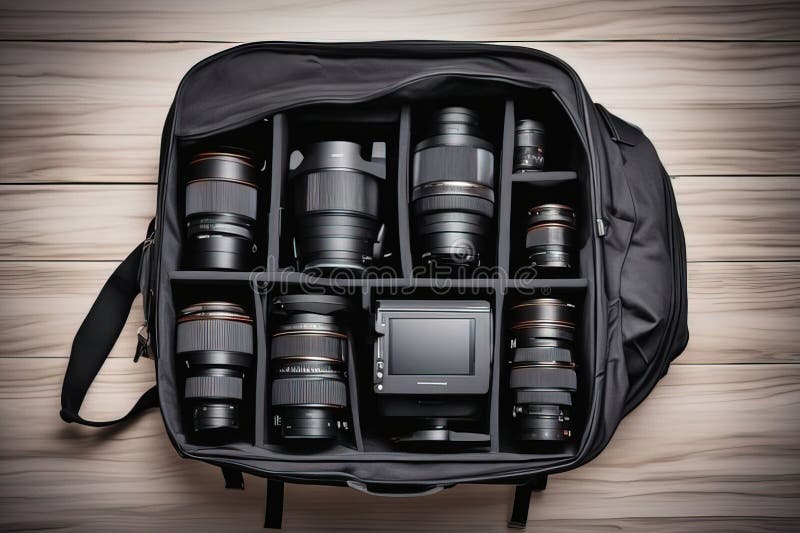 Moderne digitale camera en rugzak royalty-vrije illustratie