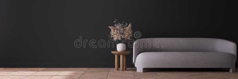 Moderne dunkle Wohnzimmer Design beige minimale Sofa auf leere schwarze Wand motzen lizenzfreie abbildung