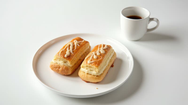 Moderne dänische Wände mit Kaffee auf einem sauberen weißen Tisch. Zwei türkisfarbene Wände mit heller Glasur stehen auf einem Teller neben einer Tasse Kaffee in minimalistischem Ambiente.