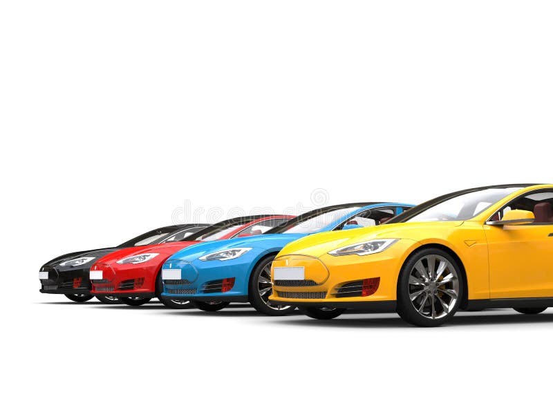 Moderne elektrische sportwagens in blauw, rood, geel en zwarte - close-upschot stock illustratie Moderne elektrische sportwagens in blauw, rood, geel en zwarte - close-upschot stock illustratie