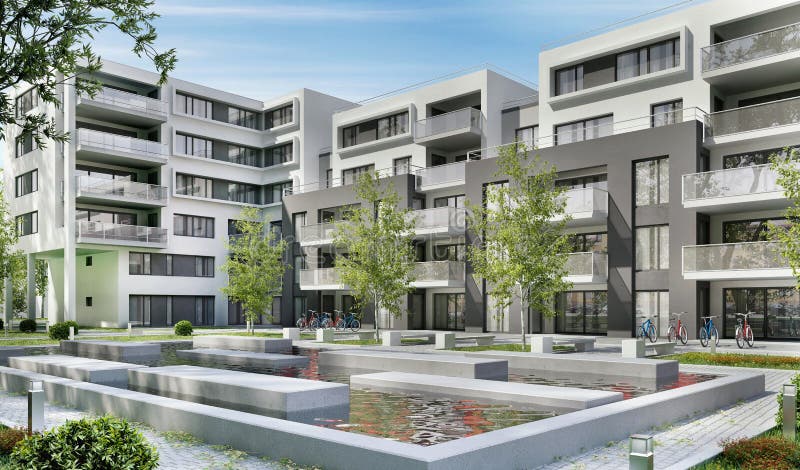 Moderne flatgebouwen in een groene woonwijk in de stad stock afbeelding Moderne flatgebouwen in een groene woonwijk in de stad stock afbeelding