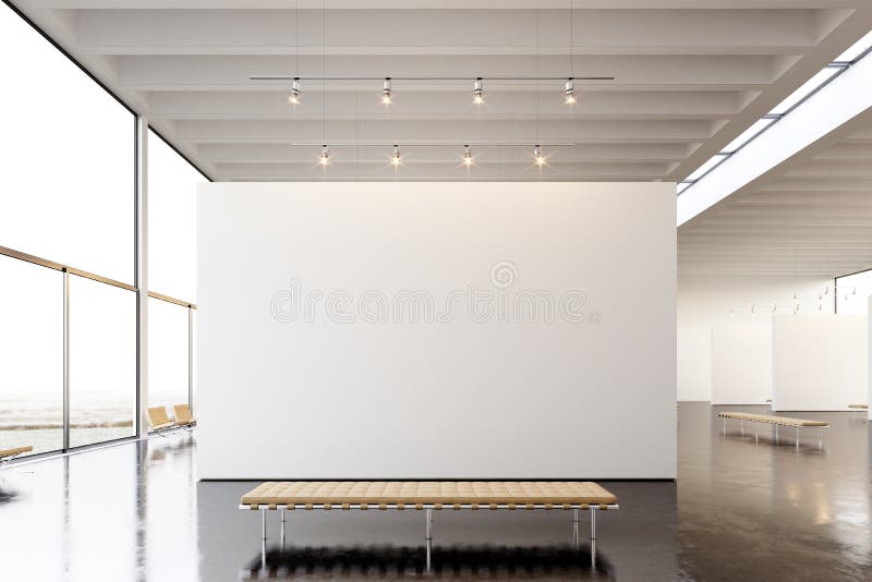 Moderne Galerie der Bildausstellung, offener Raum Hängendes Museum der zeitgenössischen Kunst des leeren weißen leeren Segeltuche