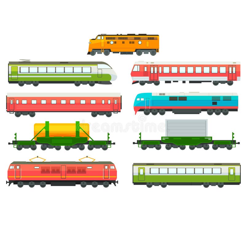 Moderne geplaatste spoorweglocomotieven, vracht en passagierswagens, spoorwegvervoer, metrovervoer, ladingsvector royalty-vrije illustratie Moderne geplaatste spoorweglocomotieven, vracht en passagierswagens, spoorwegvervoer, metrovervoer, ladingsvector royalty-vrije illustratie