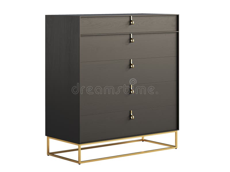 Modern spacious chest, combining a chic black wood frame with a luxe brass base and drawer pulls on white background. Mid-century, Loft, Chalet, Scandinavian interior. 3d render. Modern spacious chest, combining a chic black wood frame with a luxe brass base and drawer pulls on white background. Mid-century, Loft, Chalet, Scandinavian interior. 3d render