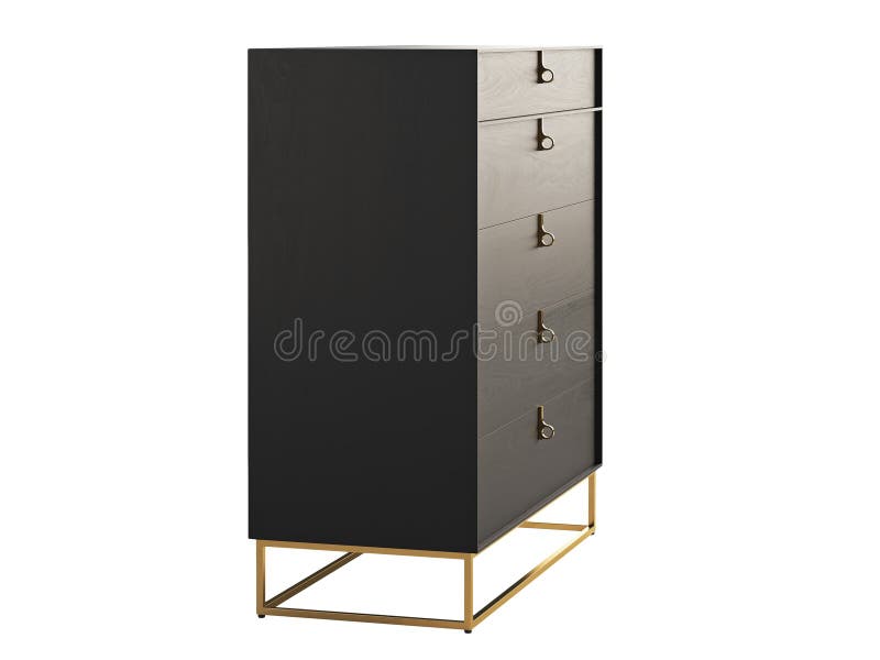 Modern spacious chest, combining a chic black wood frame with a luxe brass base and drawer pulls on white background. Mid-century, Loft, Chalet, Scandinavian interior. 3d render. Modern spacious chest, combining a chic black wood frame with a luxe brass base and drawer pulls on white background. Mid-century, Loft, Chalet, Scandinavian interior. 3d render