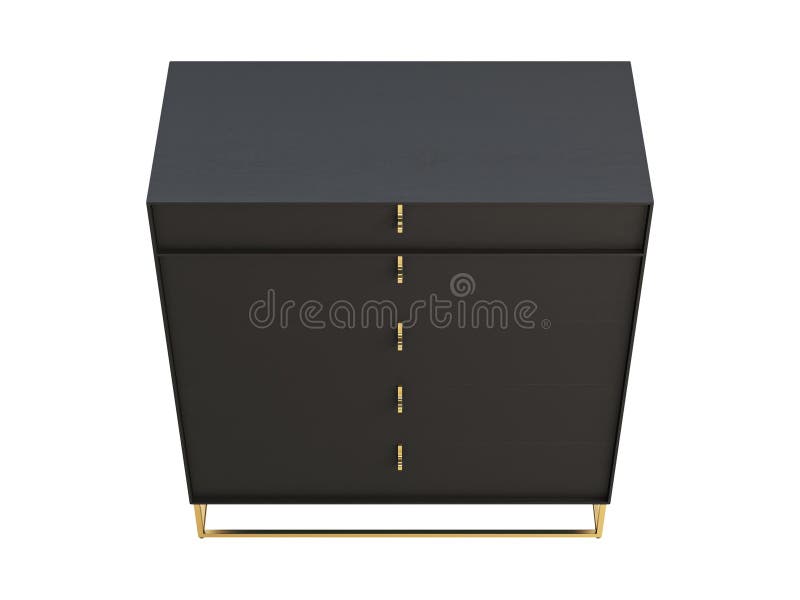 Modern spacious chest, combining a chic black wood frame with a luxe brass base and drawer pulls on white background. Mid-century, Loft, Chalet, Scandinavian interior. 3d render. Modern spacious chest, combining a chic black wood frame with a luxe brass base and drawer pulls on white background. Mid-century, Loft, Chalet, Scandinavian interior. 3d render