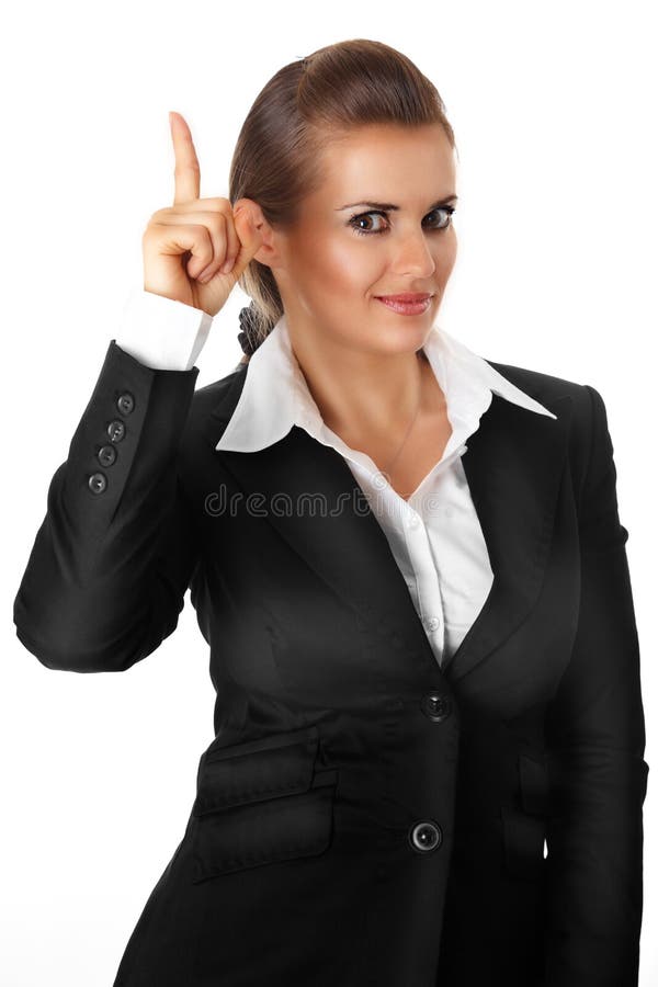 Moderne Geschäftsfrau mit dem rised Finger. Idee gest