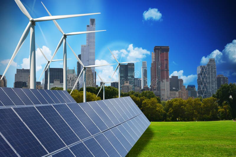 Moderne groene stad die slechts door hernieuwbare energiebronnen wordt aangedreven