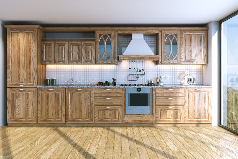 Moderne heldere houten keuken in villa op oceaaneiland 3D rende