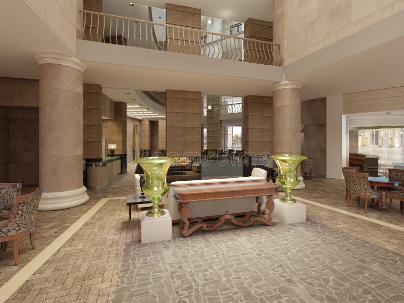 Moderne Hotellobby mit mehrstufigem Innenraum und Balkonen Der Innenraum der Hotellobby in einer klassischen Art vektor abbildung Moderne Hotellobby mit mehrstufigem Innenraum und Balkonen Der Innenraum der Hotellobby in einer klassischen Art vektor abbildung