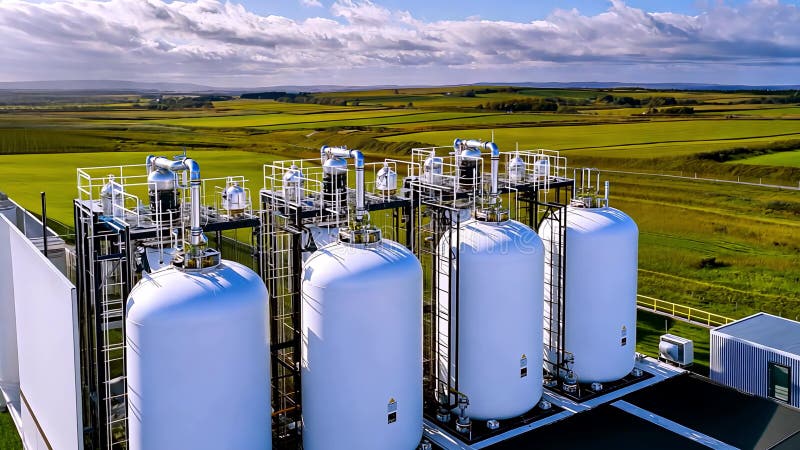 Moderne Industriebehälter in malerischer grüner Landschaft stock abbildung