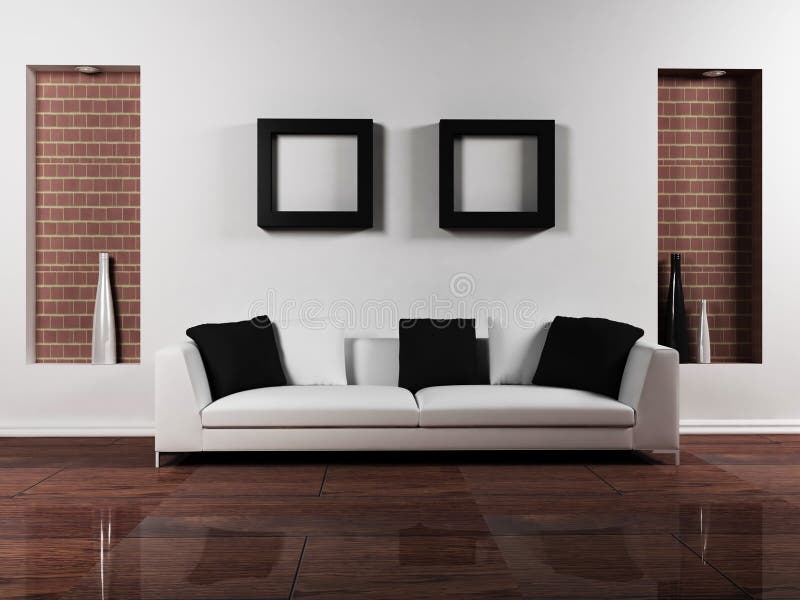 Moderne Innenarchitektur Des Wohnzimmers Mit Einem Hellen Sofa Stock