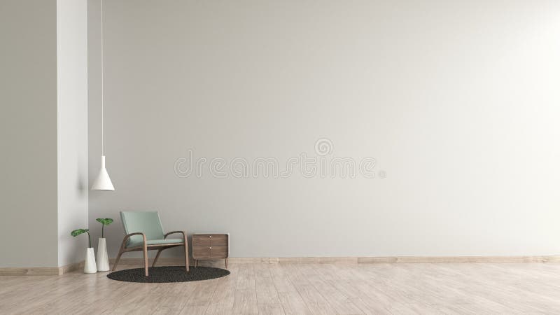Moderne Innenwohnzimmerholzfußbodenweißzement-Beschaffenheitswand mit grüner Stuhlschablone für Spott herauf Wiedergabe 3d minima lizenzfreie abbildung